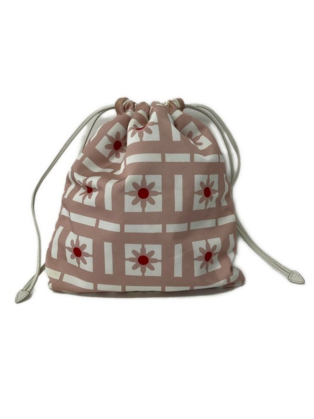 Miu Miu Pouch Light Pink White Red Flower Drawstring Leather